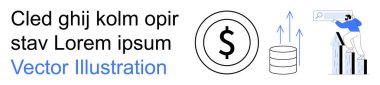 İş büyümesi, analitik, finansal başarı, yatırım ilerlemesi, veri yönetimi, ekonomik strateji. Dolar işareti, veri tabanı simgesi grafiği ve bir ok ve analiz şekli. Finansal başarı