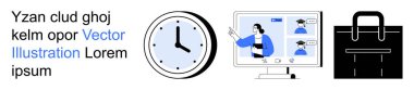 Uzaktan çalışma, zaman yönetimi, dijital iletişim, iş, zamanlama, verimlilik. Bir saat, bir bilgisayar monitörü bir video görüşmesi ve bir evrak çantası gösteriyor. Uzak çalışma ve zaman yönetimi kavramı