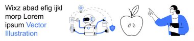 Teknoloji, yapay zeka, eğitim, sağlık, öğrenme, beslenme. Robot aletler kullanıyor, bir elma ve bir öğretmen işaret ediyor. Yapay zeka ve eğitim teması yaratıcı