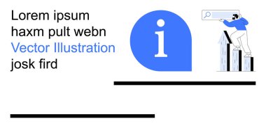 İş büyümesi, veri analizi, arama optimizasyonu, bilgi paylaşımı, araştırma araçları, bilgi alışverişi. Grafiklerde büyüteçle mavi bilgi simgesi ve figürü. İş büyümesi