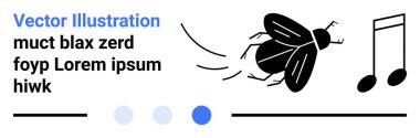 Detaylı kanatları, hareket izleri ve sesi temsil eden notaları olan siyah uçan bir böcek. Bilim, doğa, ses efektleri, entomoloji, hareket, yaratıcılık ve basit bir iniş sayfası için ideal