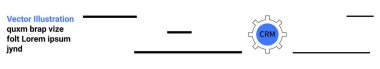 Business operations, technology, workflow automation, software tools, CRM management, system integration. Gear with CRM text alongside lines. Technology and workflow automation concept