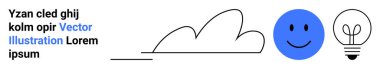 Yaratıcılık, tasarım, eğitim, problem çözme, yenilik, dijital içerik. Minimalist bulut, mavi mutlu yüz ve ampul simgeleri. Yaratıcılık ve tasarım kavramsal elementler