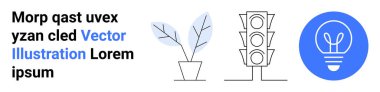 Growth, innovation, sustainability, urban infrastructure, energy, modern design. Minimalist plant, traffic light and a bulb symbol in clean lines. Growth and innovation concept