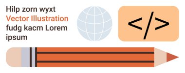 Eğitim, programlama, web geliştirme, küresel iletişim, tasarım araçları, öğrenme. Elementler arasında kalem, küre ve kodlama sembolü yer alıyor. Öğrenme platformları için eğitim ve programlama kavramı