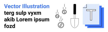Finansal büyüme, yatırım, içerik oluşturma, dijital ekonomi, iş planlaması, verimlilik. Kürek, düşen paralar ve katmanlı metin sayfaları. Mali büyüme ve içerik oluşturma kavramları