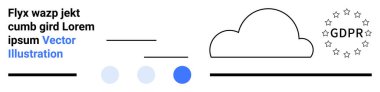 Bulut simgesi, yıldızlarla, çizgilerle ve minimalist tarzda noktalarla çevrili GDPR etiketinin yanında. Veri güvenliği, gizlilik politikası, teknoloji, uyum, bulut hesaplama, düzenlemeler için ideal