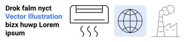İklim kontrolü, küresel ağ, sanayileşme, enerji kullanımı, çevresel etki, sürdürülebilirlik. Klima, küre ve fabrika gibi minimalist semboller. İklim kontrolü ve küresel
