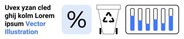 Yüzde sembolü, ikonlu geri dönüşüm kutusu ve mavi renklerdeki dikey ilerleme çubukları çevresel verileri, ekolojik farkındalığı, istatistikleri, sürdürülebilirliği vurguluyor. Eğitim, teknoloji ve şirket için ideal