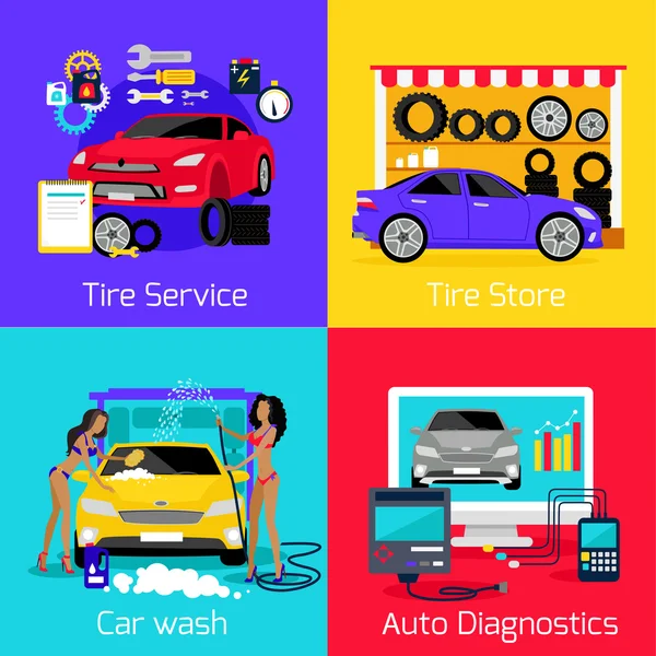 Services Car Washing Diagnostics Tire — 图库矢量图片