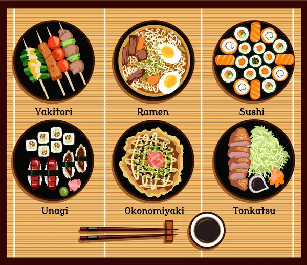 Japanese Cuisine Set Dishes Flat Style — Wektor stockowy