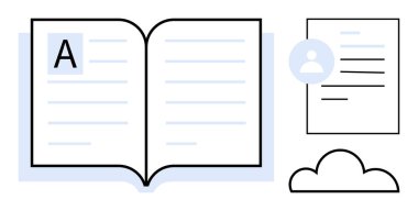 Eğitim, çevrimiçi öğrenme, bulut depolama, belge yönetimi, bilgi paylaşımı, dijital kaynaklar. Bir metin, bir belge ve bir bulut simgesi ile kitabı aç. Eğitim ve çevrimiçi öğrenme kavramı