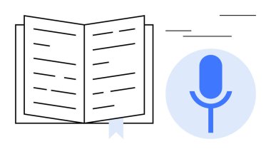 Audiobooks, e-öğrenme, hikaye anlatma, iletişim, eğitim ve içerik oluşturma. Açık kitap ve mikrofon ikonu. Audiobooks ve görsel tasarım yoluyla e-öğrenme
