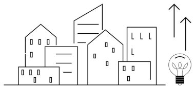 Kentsel gelişim, mimari, yenilik, sürdürülebilirlik, büyüme, enerji çözümleri. Büyüyen okları ve ampulü olan minimalist şehir manzarası. Kentsel gelişim ve yenilik kavramı