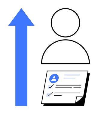 Yukarı doğru ok ve profil listesi yakınındaki insan figürü başarıyı, kişisel gelişimi, hedef başarısını, kariyer ilerlemesini, motivasyonu, üretkenliği ve kendini geliştirmeyi temsil ediyor. Minimalist düz metafor