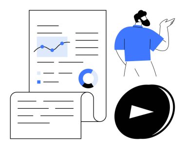 Veri analizi, iş raporları, multimedya içeriği, çevrimiçi sunumlar, iletişim, eğitim. Grafikler, veri çalma düğmesi simgesini açıklayan grafikçi. Veri analizi ve iş raporları fikri