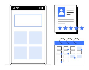 Reytingli ve takvimli kullanıcı profilini gösteren akıllı telefon uygulaması arayüzü. Uygulama tasarımı, zaman yönetimi, kullanıcı deneyimi, üretkenlik, dijital iş akışları, değerlendirmeler, planlama için ideal
