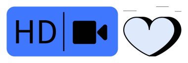 Medya kalitesi, içerik oluşturma, iletişim, eğlence, duygu, yayın hizmetleri. Yanında kalp olan mavi bir HD video ikonu. Medya kalitesi ve iletişim konsepti