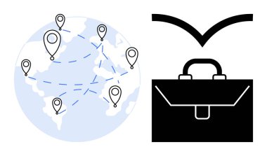 Küresel iş seyahati, uluslararası lojistik, uzaktan çalışma, kurumsal hareketlilik, profesyonel ağ, dünya çapında bağlantı. Yer işaretleyicileri ve evrak çantası ikonu olan bir dünya. İş seyahati