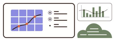 Bir ızgarada çizgi grafiği, eğilimli bar tablosu ve bulut yapısına sahip analitik gösterge paneli. Veri görselleştirme, istatistik, iş performansı, bulut depolama ve tahmin için ideal