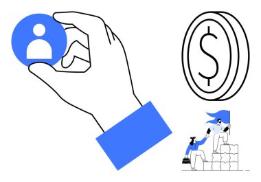 İş stratejisi, liderlik, ekonomik büyüme, adam toplama, takım çalışması, kullanıcı bağlılığı. Minimalist el bir kullanıcı simgesi, para birimi sembolü ve kooperatif takım çalışması çizimi tutuyor. İşe alım.