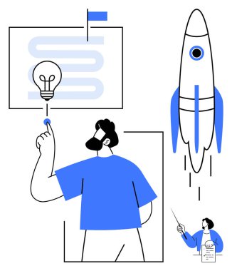 Yenilikçi süreçte ampul fikrini işaret eden bir adam. Roket fırlatma, zaman çizelgesi ve belge sahibi olan kişi yaratıcılığı, liderliği, hedef belirleme, strateji, büyüme ve motivasyonu sembolize ediyor. Basit bir daire.
