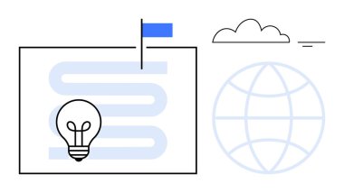 Yenilik kavramı. Fikir yolundaki yenilik, kilometre taşları için bayrak ve küresel bağlantı sembolü. Yenilik küresel ilerlemeyi ve yaratıcı problem çözmeyi teşvik eder. Şirket için, strateji