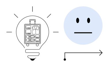 Seyahat planlaması, minimalizm, yenilik, basitlik, modern fikirler, yaşam tarzı. Seyahat valizli bir ampul ve asgari yüz ikonu. Seyahat planlama ve minimalizm kavramı