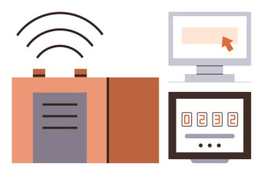 Kablosuz yönlendirici sinyal yayıyor, imleç, grafik göstergesi ve dijital sayaç ile monitör. Teknoloji, internet, veri yönetimi, kablosuz iletişim, bağlantı, otomasyon için ideal