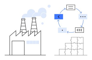 Fabrika işlemi. İş akışı diyagramı, bulmaca parçaları ve endüstriyel elementleri olan fabrika üretim döngüsü. Fabrika sistemleri işlemleri optimize eder. Üretim, lojistik, otomasyon, tedarik zinciri
