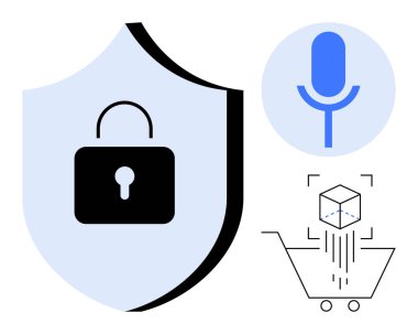Siber güvenlik, online alışveriş, kullanıcı gizliliği, ses teknolojisi, veri koruması, şifreleme. Kilitli mavi kalkan, mikrofon ve e-ticaret arabası ikonu. Siber güvenlik ve çevrimiçi alışveriş koruması