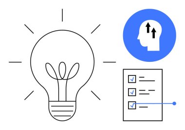 Yenilik kavramı. Ampul, kontrol listesi ve baş profil yaratıcı düşünce ve üretkenlik ile icat edildi. İş, eğitim, büyüme, planlama ve takım çalışması için yenilik
