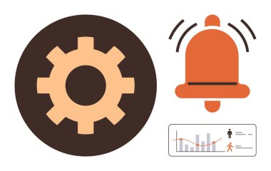Geniş dişli simgesi, alarm zili ve analiz grafiği verimliliği, bildirimleri ve veri takibini vurguluyor. İş için ideal, uyarı yönetimi, iş akışı, takım koordinasyon sistemi optimizasyonu