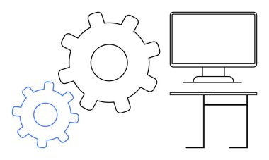Teknoloji, iş akışı, üretkenlik, otomasyon, yenilik, iş araçları. Masadaki bilgisayar monitörünün yanındaki iki vitesin taslağı. Teknoloji ve iş akışı görsel olarak