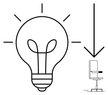 Yenilik, beyin fırtınası, işyeri verimliliği, yaratıcı düşünme, verimlilik, çözümler. Parlaklığı gösteren çizgileri olan bir ampul ve ofis sandalyesini gösteren bir ok. Yenilik