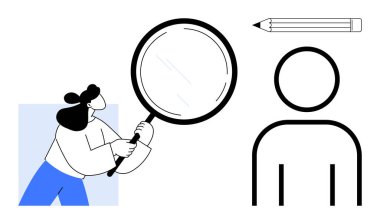 Veri analizi, askere alma, araştırma, kimlik, değerlendirme, eğitim. Bir insan simgesi ve kalemin yanında büyüteç tutan bir kadın. Analiz ve işe alım kavramları gösterildi