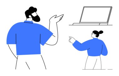 Uzaktan çalışma, dijital öğrenme, takım çalışması, işbirliği, ofis iletişimi, beyin fırtınası. Bir dizüstü bilgisayarı işaret eden iki kişi. Modern çalışma alanı bağlamında uzak çalışma ve dijital öğrenme