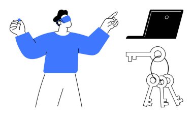 Sanal güvenlik, teknoloji erişimi, yenilik, şifre koruması, kimlik doğrulama, veri güvenliği. VR kulaklık, dizüstü bilgisayar ve anahtar takan biri. Sanal güvenlik ve teknoloji erişim kavramı