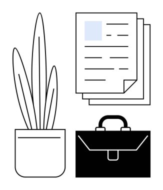 İş yönetimi, organizasyon, iş yeri gereksinimleri, ofis dekorasyonu, belge işleme, profesyonel planlama. Saksı bitkisi, evrak çantası ve belgeler. İş yönetimi ve organizasyon kavramı