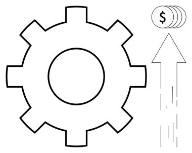 İş stratejisi, finansal büyüme, optimizasyon, ekonomik ilerleme, üretkenlik, yenilik. Yukarı doğru ok ve bozuk paralarla donatılmış bir vites sembolü. İş stratejisi ve mali büyüme kavramı