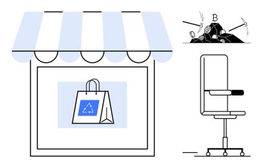Sürdürülebilirlik, kripto para kazanma, çevre dostu alışveriş, teknolojik yenilik, işyeri ergonomisi, yenilenebilir uygulamalar. Alışveriş çantası, sandalye ve kripto para birimi sembolleri. Sürdürülebilirlik