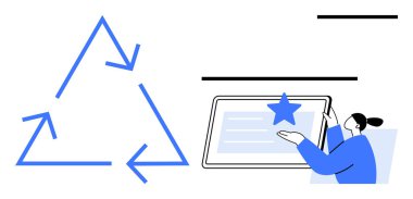 Sürdürülebilirlik, geri dönüşüm, çevresel farkındalık, dijital etkileşim, çevre dostu sistemler, kullanıcı bağlılığı. Geri dönüşüm sembolü ve dijital tablet kullanan kişi. Sürdürülebilirlik ve geri dönüşüm