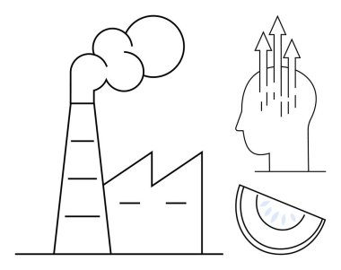 Çevresel etki kavramı. Çevresel etki sembolleri arasında fabrika emisyonları, insan yeniliği ve sürdürülebilir büyüme yer alıyor. İklim, enerji ve üretkenlik için çevresel kaygılar