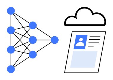 Sinirsel ağ konsepti. Sinirsel ağ yapısı bulut depolama ve kişisel veri kayıtlarına bağlanıyor. Yapay zeka, bulut hesaplama, veri işleme ve makine öğrenmesini destekleyen sinirsel ağ