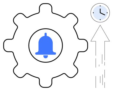İş akışı otomasyonu, zaman yönetimi, bildirimler, verimlilik araçları, zamanlama sistemleri, dijital uyarılar. İçinde çan olan bir vites, saat ve okun yanında. Çalışma akışı otomasyonu ve zaman