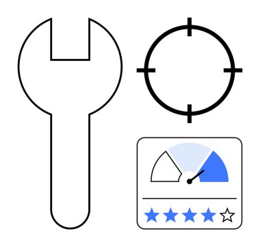 Bakım konsepti. İngiliz anahtarı, hedef ve hız göstergesi olan onarım araçları, performans ve değerlendirme. Bakım, doğruluğu, reytingleri ve performansı artırır. Araç incelemeleri için