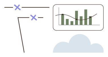 Çubuk grafik ve bulutun üstündeki eğilim çizelgesi, çizgilerle birbirine bağlı mavi haçlar. Teknoloji, veri analizi, istatistik, bulut hesaplama, bağlantı, tahmin, ağ kavramları için idealdir
