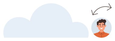 Okları olan mavi bulut kullanıcı avatarının yakınındaki veri transferini gösteriyor. Bulut hesaplama, veri paylaşımı, çevrimiçi depolama, dijital kimlik, dosya senkronizasyonu, güvenli erişim, basit düz