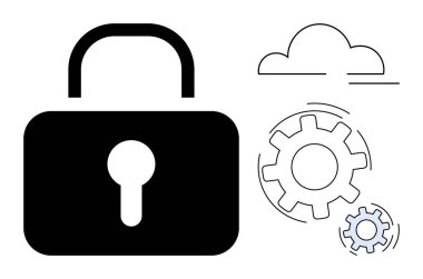 Veri güvenliği, şifre koruması, bulut depolama, sistem entegrasyonu, şifreleme, çevrimiçi güvenlik. Kara kilit, bulut ve vites simgeleri. Veri güvenliği ve şifre koruma kavramı