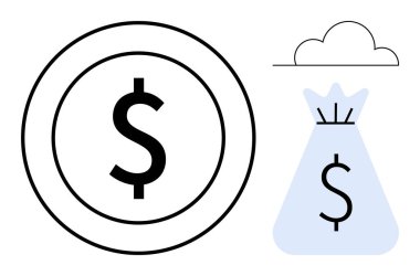 Mavi bir para çantası ve basit bir bulut çizgisi yanında dairesel bir madeni paranın içinde dolar işareti. Finans, bankacılık, zenginlik, tasarruf, yatırım, ekonomi, dijital para birimi kavramları için ideal